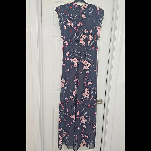 Eliza J High/Low Floral Faux Wrap Maxi Dress V-neckline Lightweight Navy Blue S - Picture 7 of 9